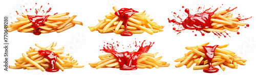Set of delicious French potato fries with tomato ketchup, cut out