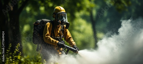 Disinfector in protective suit sprays water from a hose onto plants photo