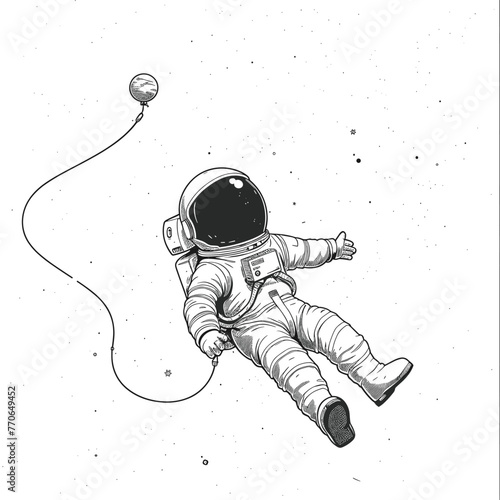 Astronaut floating in space, tethered to a planet.
