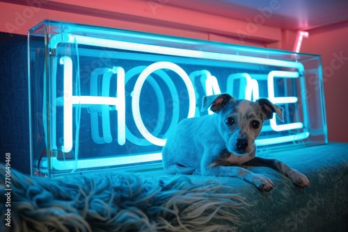 An inviting room scene highlighted by a blue neon 'Home' sign, with a relaxed dog adding a touch of domestic bliss and comfort photo