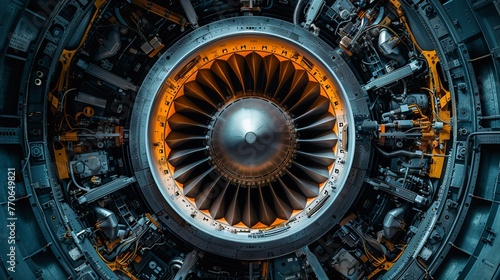 Showcase the mesmerizing details of a jet engines components in a dynamic and visually striking composition Transport viewers into the world of aviation with precision and creativity © Wonderful Studio