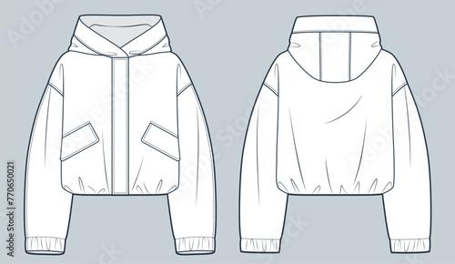 Hooded Jacket technical fashion Illustration. Unisex Nylon Jacket fashion flat technical drawing template, pocket, hood, oversize, front and back view, white, women, men, unisex CAD mockup.