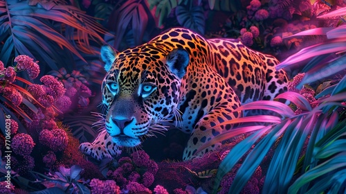 Transform the ordinary into extraordinary by illustrating aerial view radiant jaguars amidst a neon rainforest Let the colors pop and contrast to convey a sense of surreal beauty and intrigue