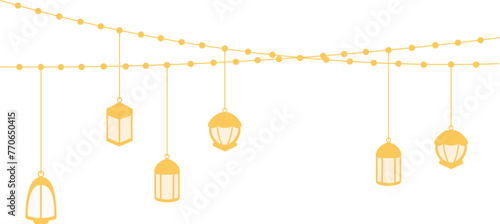 golden ramadhan and eid hanging decoration with beaded ropes, hiasan gantungan ramadhan dan indul fitri emas dengan tali manik-manik