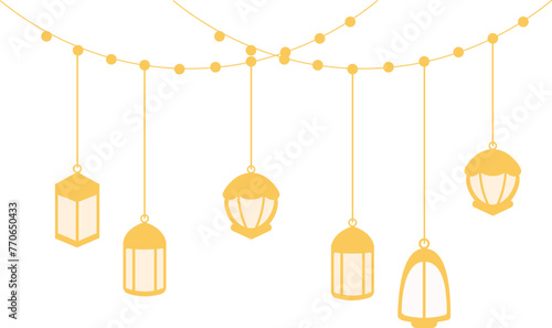 golden ramadhan and eid hanging decoration with beaded ropes, hiasan gantungan ramadhan dan indul fitri emas dengan tali manik-manik