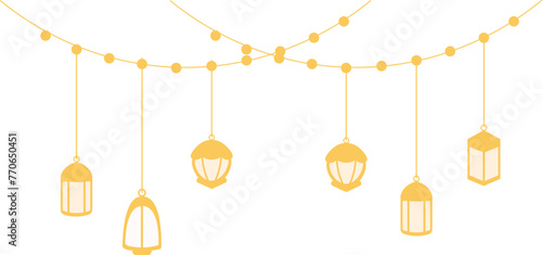 golden ramadhan and eid hanging decoration with beaded ropes, hiasan gantungan ramadhan dan indul fitri emas dengan tali manik-manik