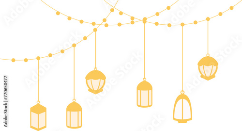 golden ramadhan and eid hanging decoration with beaded ropes, hiasan gantungan ramadhan dan indul fitri emas dengan tali manik-manik