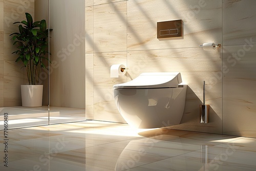 Modern Luxury Bathroom Wall-Hung Toilet Bowl with Closed Seat and Dual Flush  Reeded Glass Partition  Bidet  Tissue Paper Holder  and White Bathtub on Granite Tile Floor.