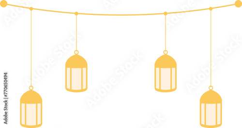 golden ramadhan and eid hanging decoration with beaded ropes, hiasan gantungan ramadhan dan indul fitri emas dengan tali manik-manik