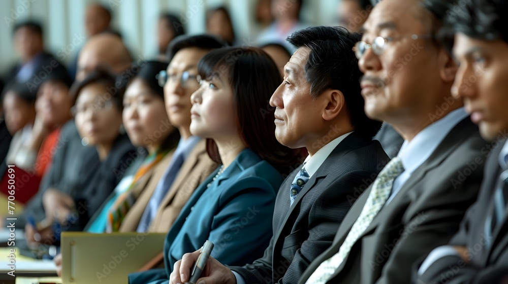 The multinational business professionals intently engaged in a seminar actively taking notes and deeply focused on the presentation The multinational business professionals intently engaged in a seminar actively taking notes and deeply focused on the presentation