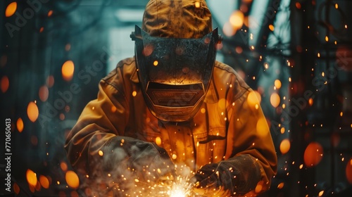 Professional welder at work, dramatic flare from welding adding depth
