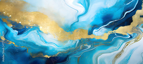 Hand painted background with mixed liquid blue and golden paints. Abstract fluid acrylic pai. Generative AI.