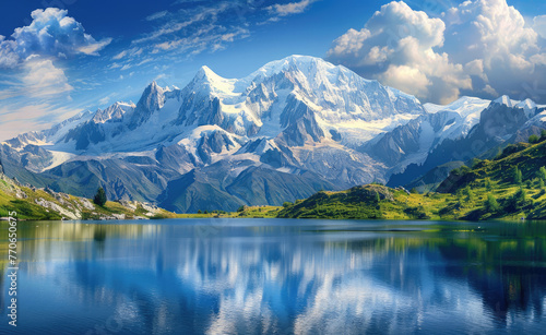 Photo of the French Alps with snowcapped peaks and alpine lakes, capturing breathtaking landscapes