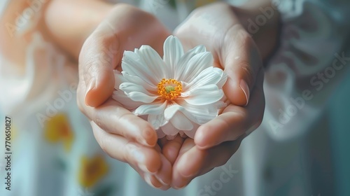 Hands Embracing a Delicate Blooming Flower a Symbol of Self Care and Gentle Growth