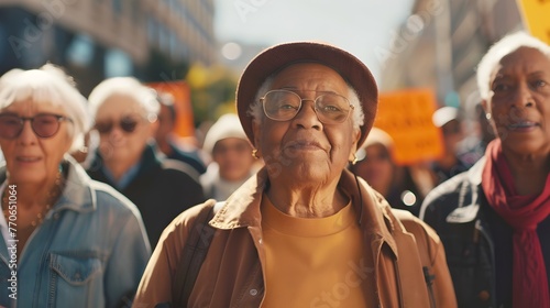 Diverse group of determined seniors marching and rallying for a cause with vibrant signs and hopeful expressions celebrating the vital voices and © R Studio
