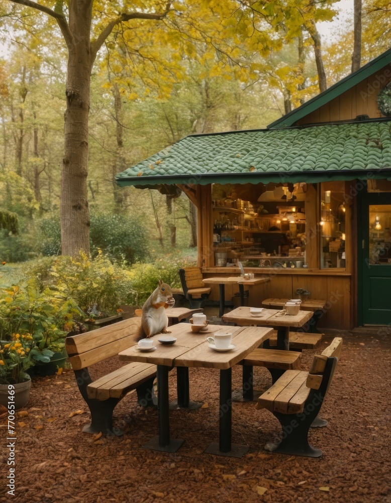 A whimsical image of a squirrel sitting at a table of a rustic outdoor cafe in a lush forest setting.