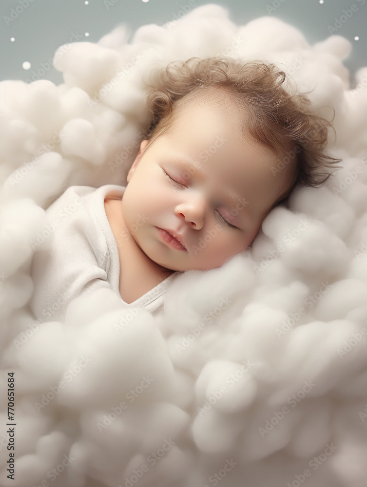 Beautiful baby is sleeping in clouds 
