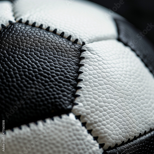 Closeup of traditional black and white football. Macro Photography.