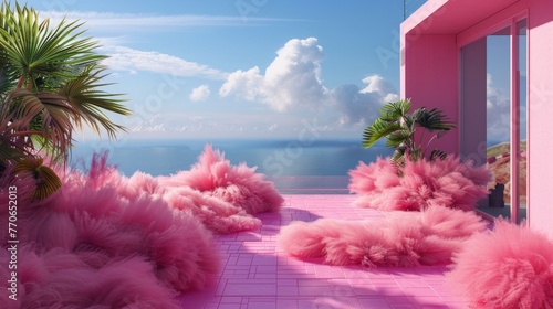 A stunningly vibrant pink room filled with fluffy decor overlooking a tranquil ocean landscape