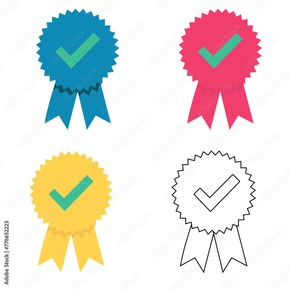 Approved isolated vector icons. Certified medal icons. Approval check icon. Premium quality red ribbon label logo icon. Approved isolated vector icons. Certified medal icons. Approval check icon. Premium quality red ribbon label logo icon.