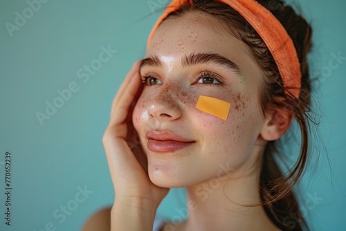 Teenage girl with freckles applying acne patch, close-up on skincare routine photo