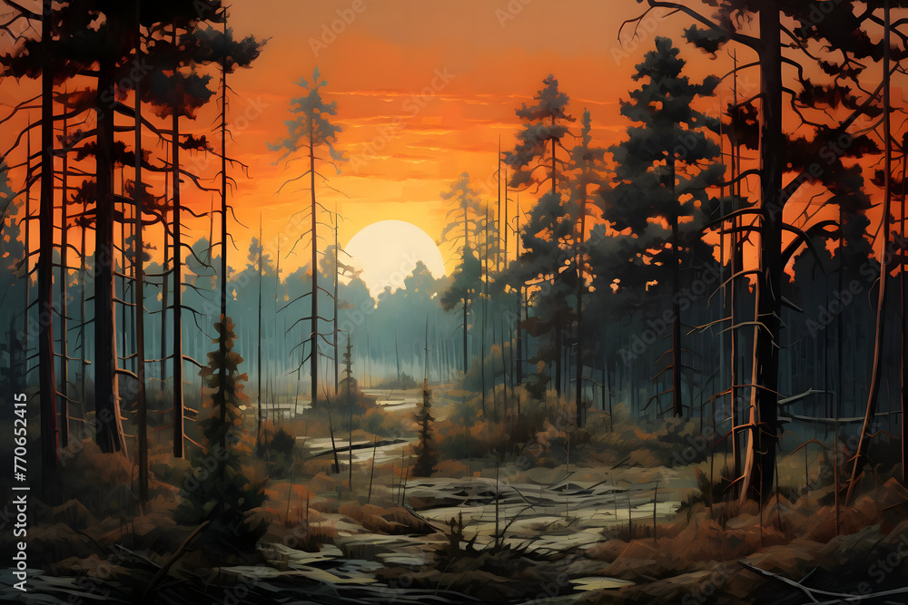Pine Forest in Twilight Painting