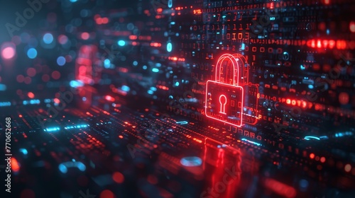 Closeup digital illustration of cyber security concept with red padlock icon on glowing binary code background