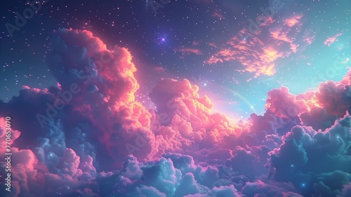 Fantasy-like night sky with colorful clouds and soft, glowing stars