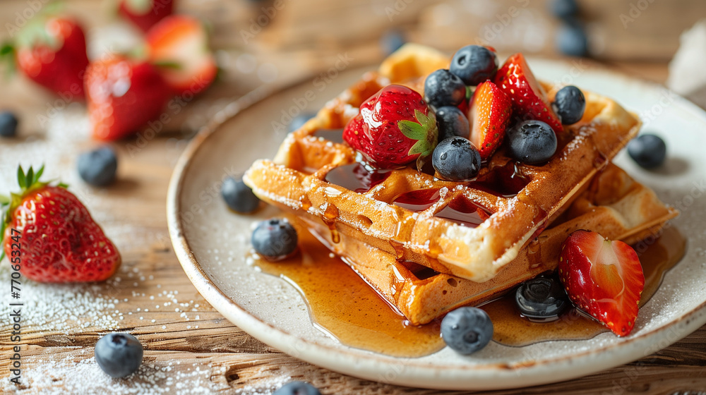 A plate of waffles drizzled with syrup and topped with berries resting on a wooden table A plate of waffles drizzled with syrup and topped with berries resting on a wooden table
