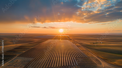 A solar farm sprawling across a vast field symbolizing the shift towards renewable energy sources.