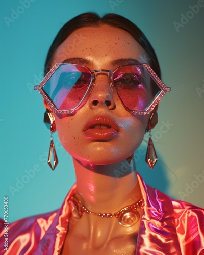 Close-up portrait showcasing pink star-shaped sunglasses and matching earrings on model