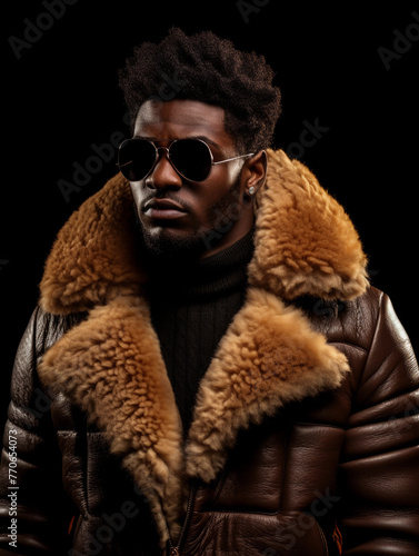 Fashionable photo of African beauty man in sunglasses and stylish retro leather jacket with sheepskin coat on dark background  © Johannes