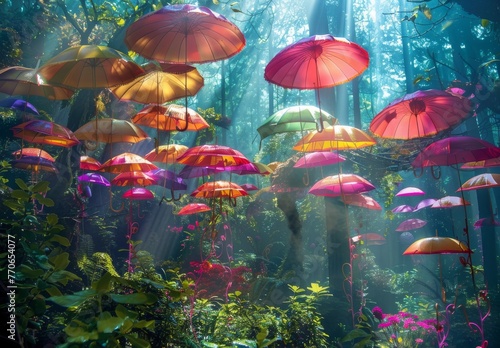 colorful umbrellas and green nature environment