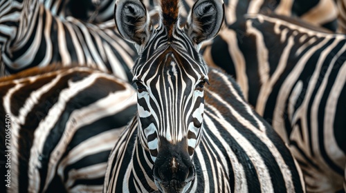 close up from a zebra surrounded with black and white stripes in his herd