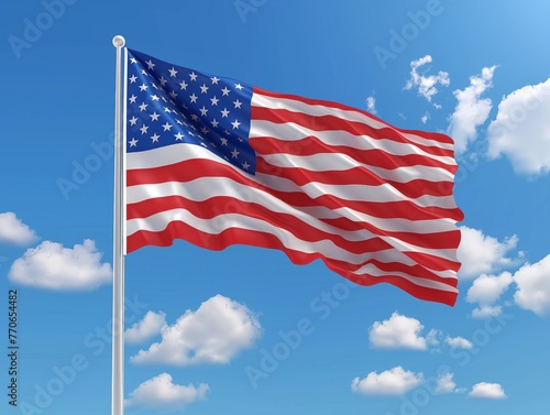 A large American flag is flying in the sky. The flag is red, white, and blue and has stars on it