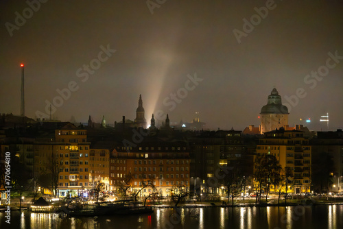 Stockholm, Sweden The skyline of the Kungsholmen district at night in the rain. photo