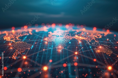 Global Business Network Connections, international business connections with an image showing a network of interconnected dots representing global business hubs, AI