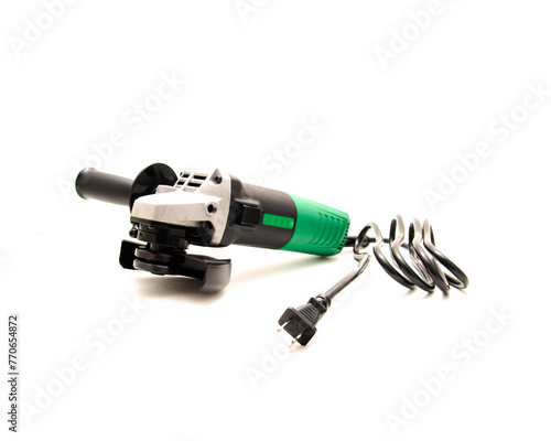 Corded angle grinder with adjustable guard, universal motor carbon brushes rotor, no attached griding disc isolated on white background, cut and grind tool for metal, stone, clipping path