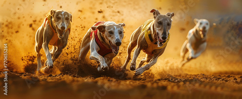 greyhounds racing on the track  one dog in front with a white chest and red collar