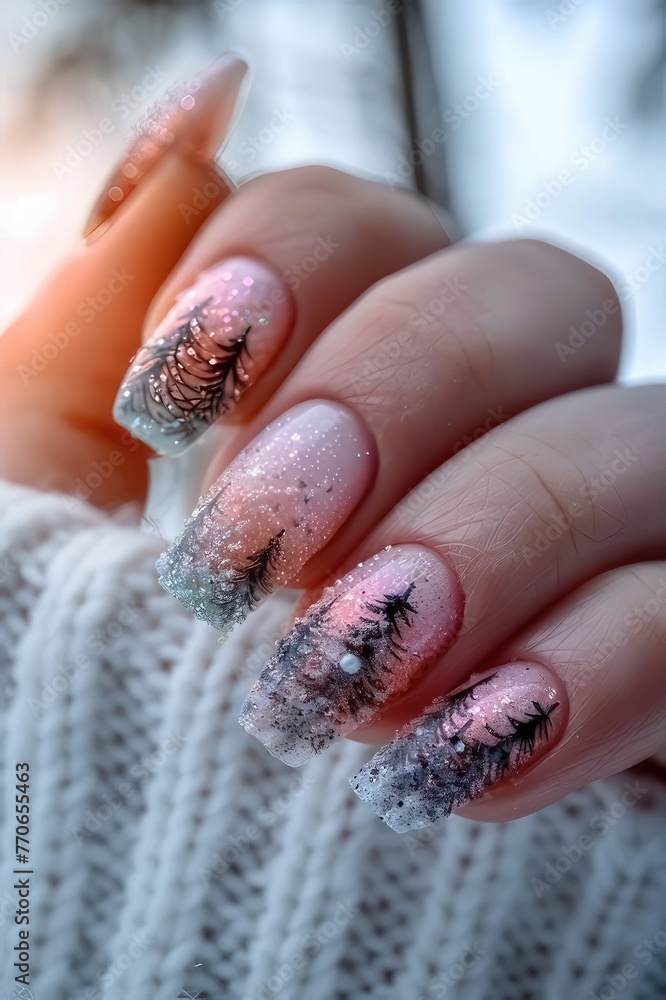 Obraz premium Nail designs inspired by nature, featuring lovely stars, sparkling patterns, and illustrated nature themes
