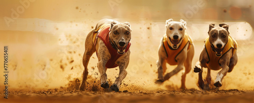 greyhounds racing on the track, one dog in front with a white chest and red collar photo