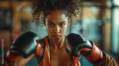 Determined middle aged woman boxer preparing for boxing fight. Fitness mid adult woman preparing for boxing training at gym. Beautiful strong sportswoman in boxing gloves prepared right hand punch. © PaulShlykov