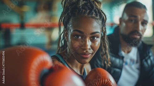 Determined middle aged woman boxer preparing for boxing fight. Fitness mid adult woman preparing for boxing training at gym. Beautiful strong sportswoman in boxing gloves prepared right hand punch. photo