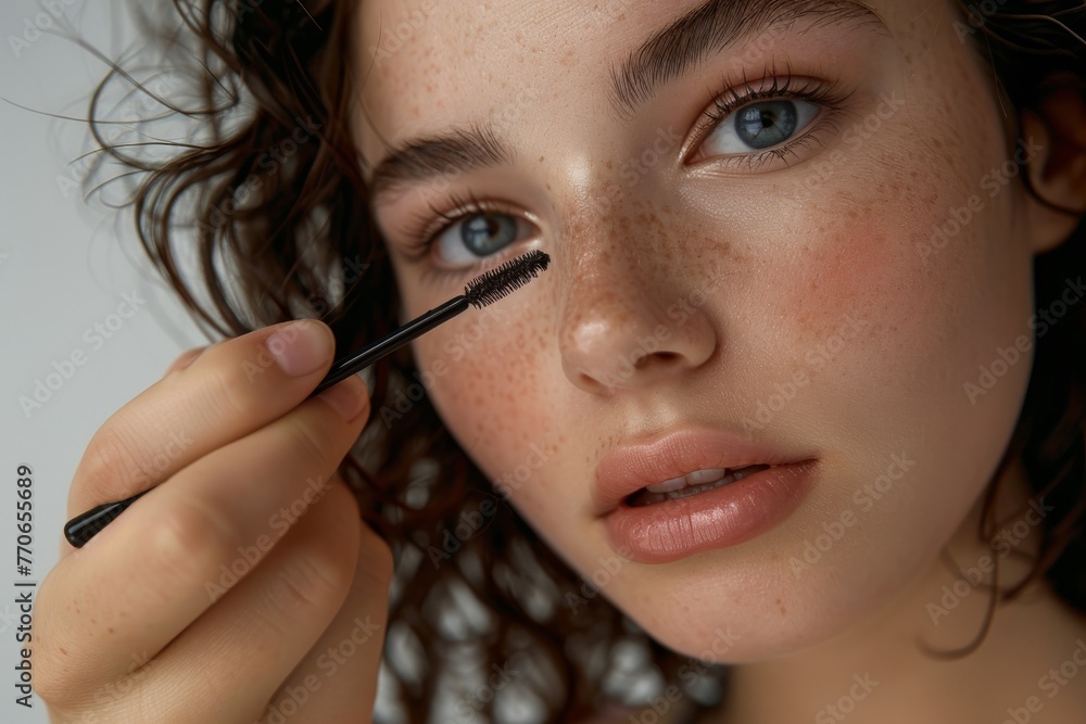 Close-up of a young woman applying mascara for eye makeup