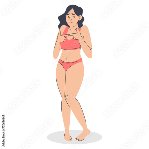 Shy woman in underwear standing vector isolated. Beautiful brunette female character in swimwear. Female body, concept of beauty.