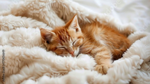 Cute little red kitten sleeps on fur white blanket © Emil