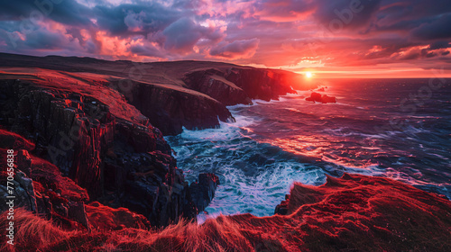 A spectacular sunset over a rugged coastline with waves crashing against the cliffs under a fiery sky.