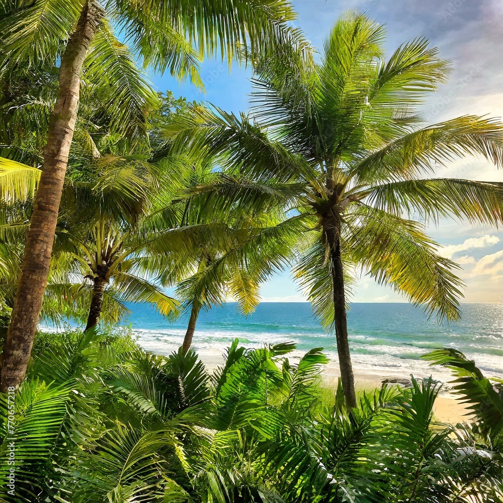Coastal Paradise: Beautiful Palm Trees Framing Scenic Beach and Sea View