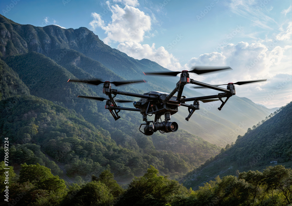 Drone with digital camera flying over mountains. 3D rendering. Drone with digital camera flying over mountains. 3D rendering.