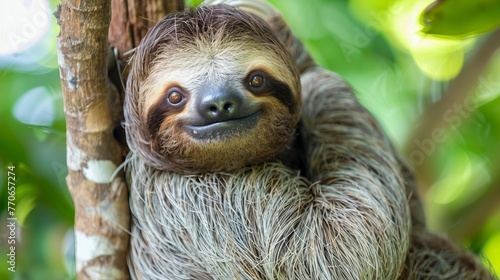 Cute sloth hanging on tree branch with funny face look, perfect portrait of wild animal in the Rainforest of Costa Rica scratching the belly, Bradypus variegatus, brown-throated three-toed sloth photo